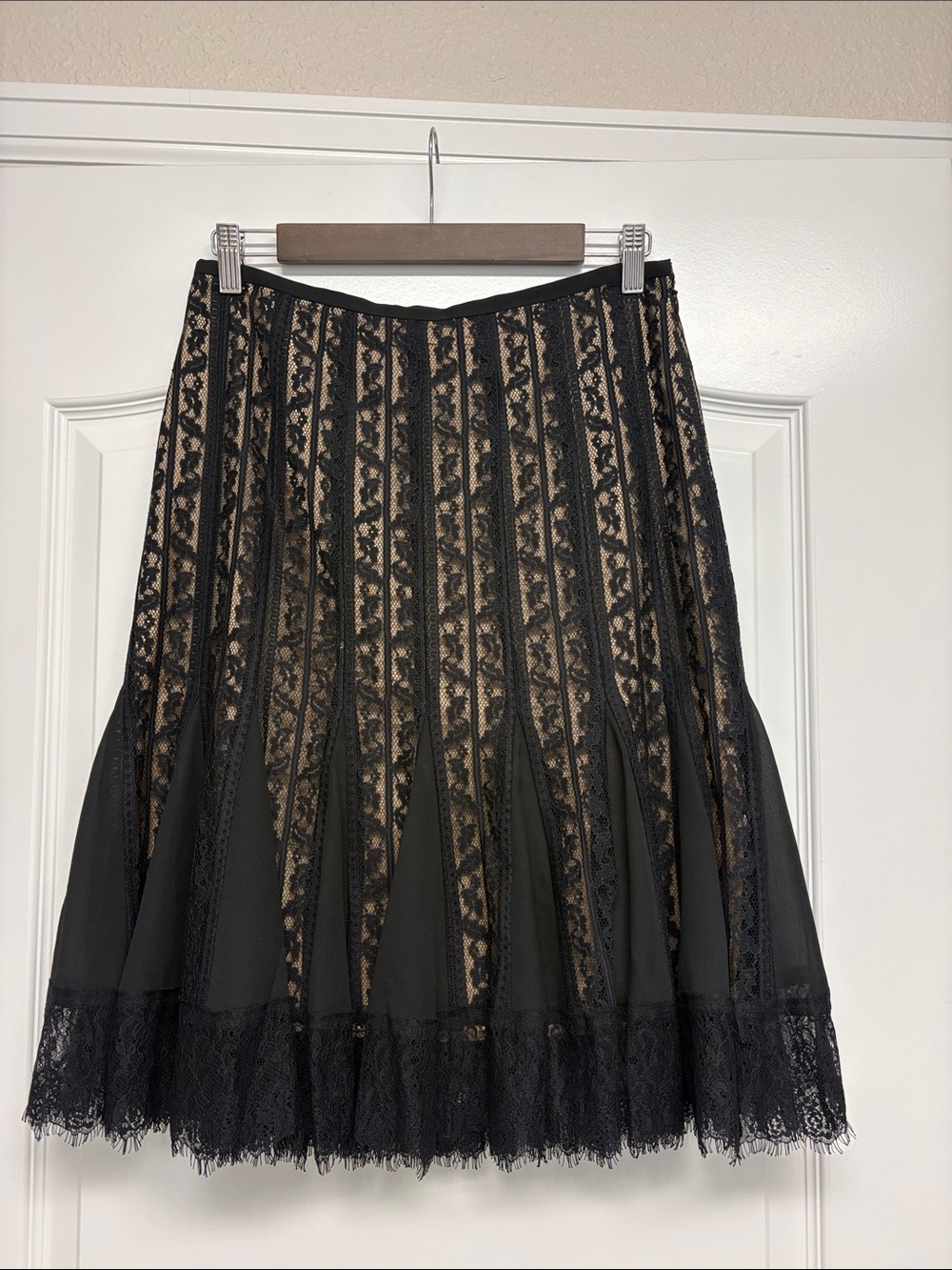 Black Lace Godet Midi Skirt Eyelash Trim Size 4P
